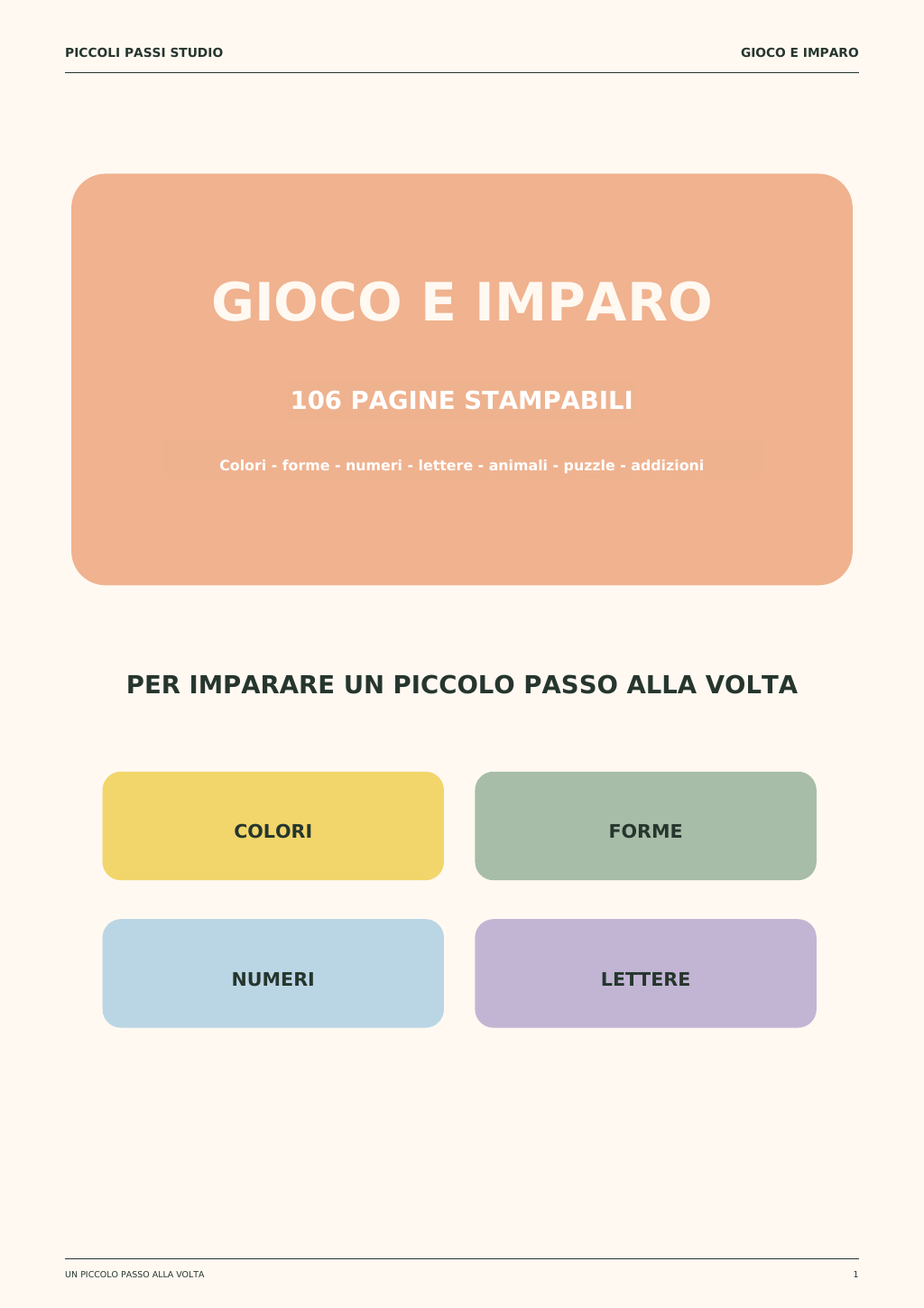 Copertina di Gioco e imparo con il titolo della raccolta di 106 pagine stampabili