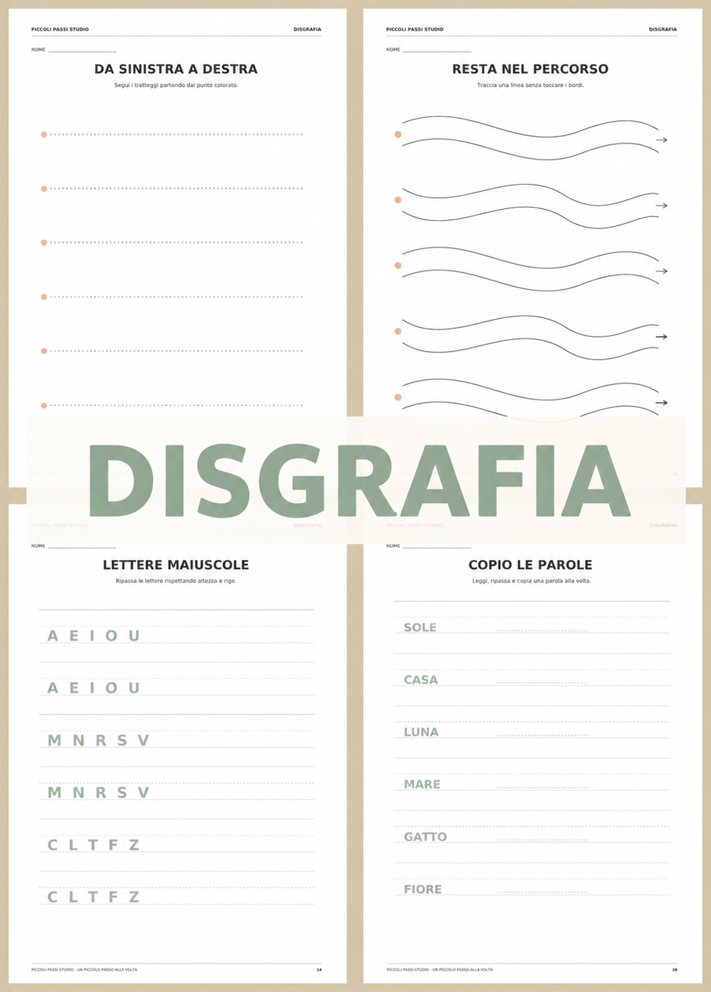 Anteprima di quattro schede per esercitare il gesto grafico con percorsi e tracciati