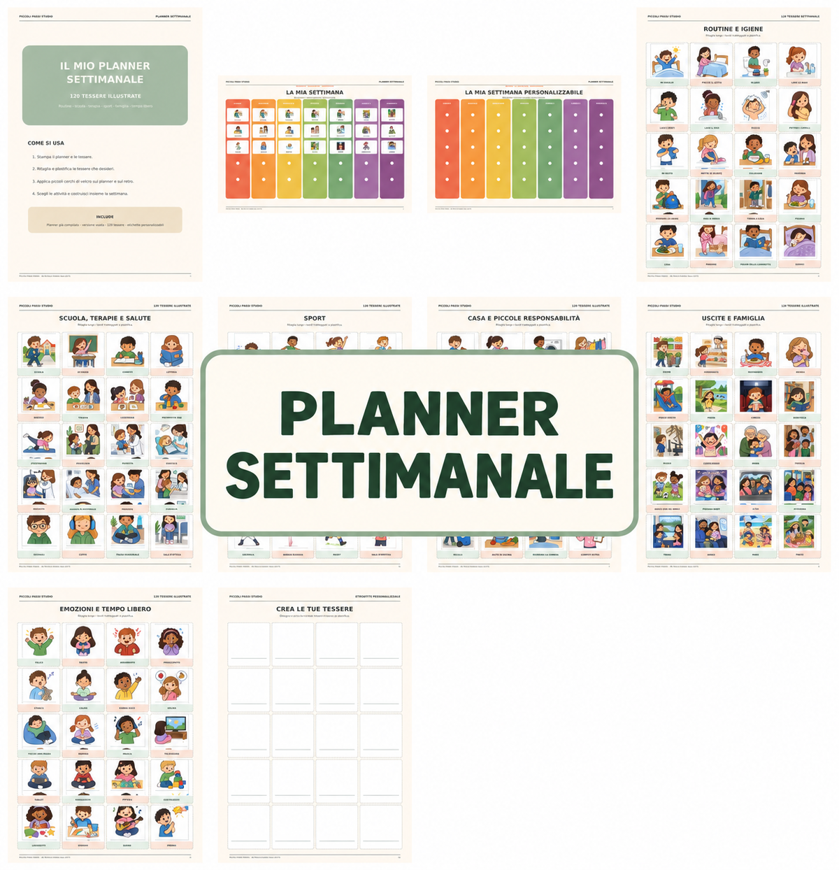 10 Planner settimanali visivi – 120 tessere illustrate | PDF stampabil