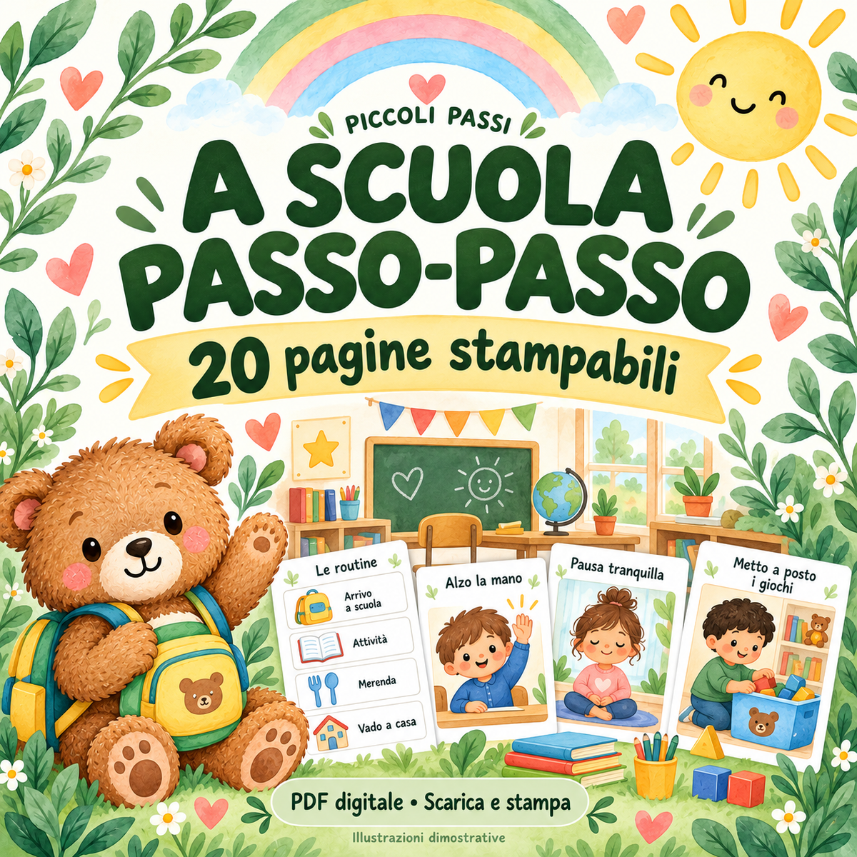 Copertina illustrata di A scuola passo passo, supporti visivi per la giornata scolastica