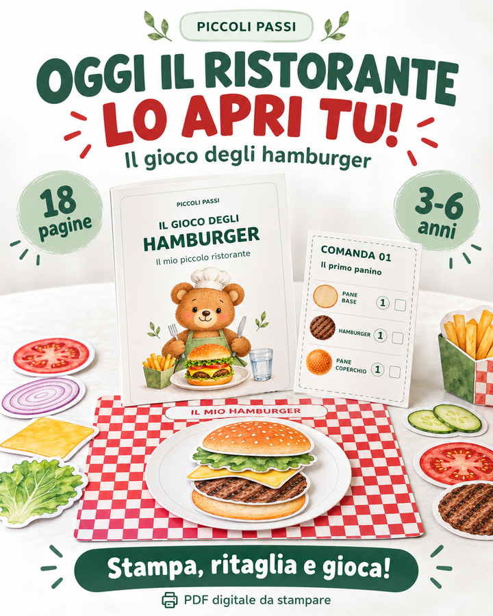 Copertina del Gioco degli hamburger di Piccoli Passi, gioco di carta da stampare