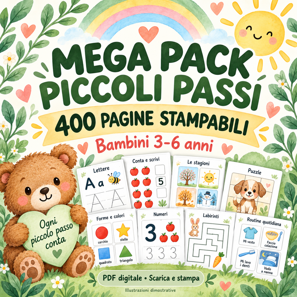 Copertina illustrata del Mega Pack Piccoli Passi, raccolta di 400 pagine di attività stampabili
