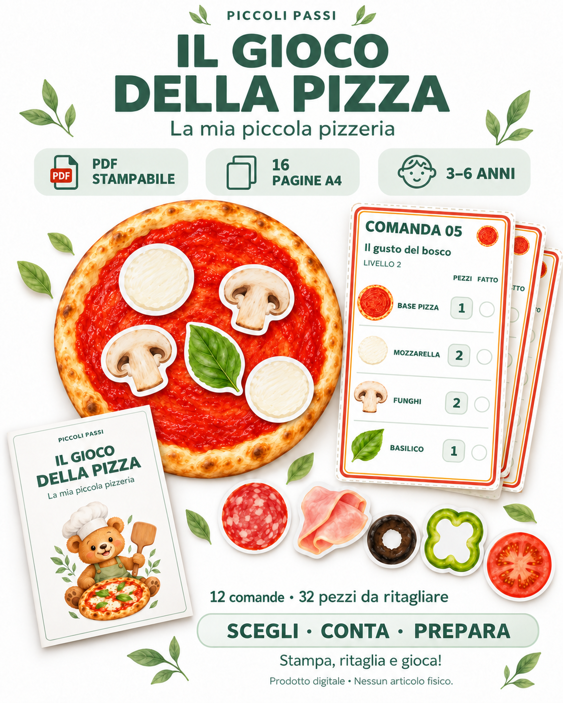 Il gioco della pizza Piccoli Passi – 16 pagine A4, 12 comande e 32 pezzi da ritagliare per bambini 3–6 anni