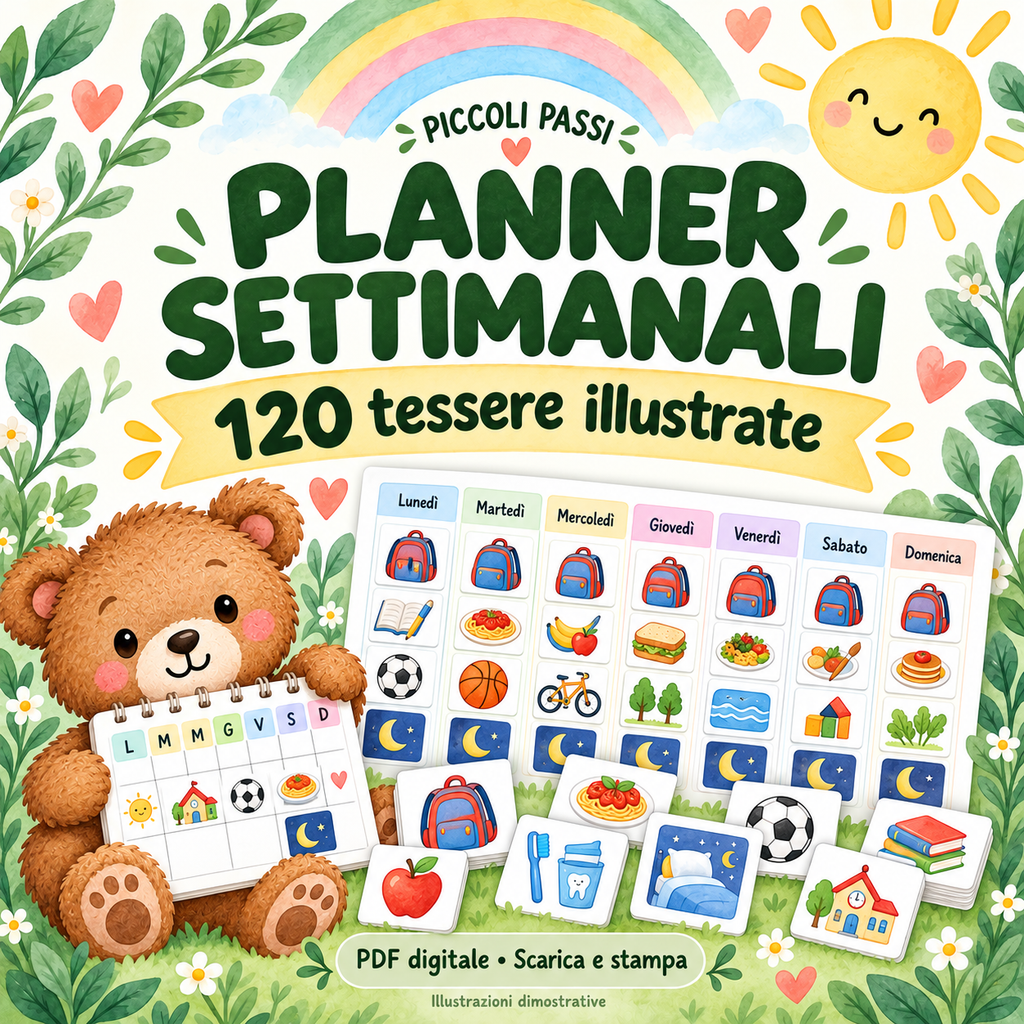 Copertina illustrata del planner settimanale visivo con 120 tessere