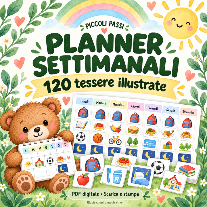 Copertina illustrata del planner settimanale visivo con 120 tessere
